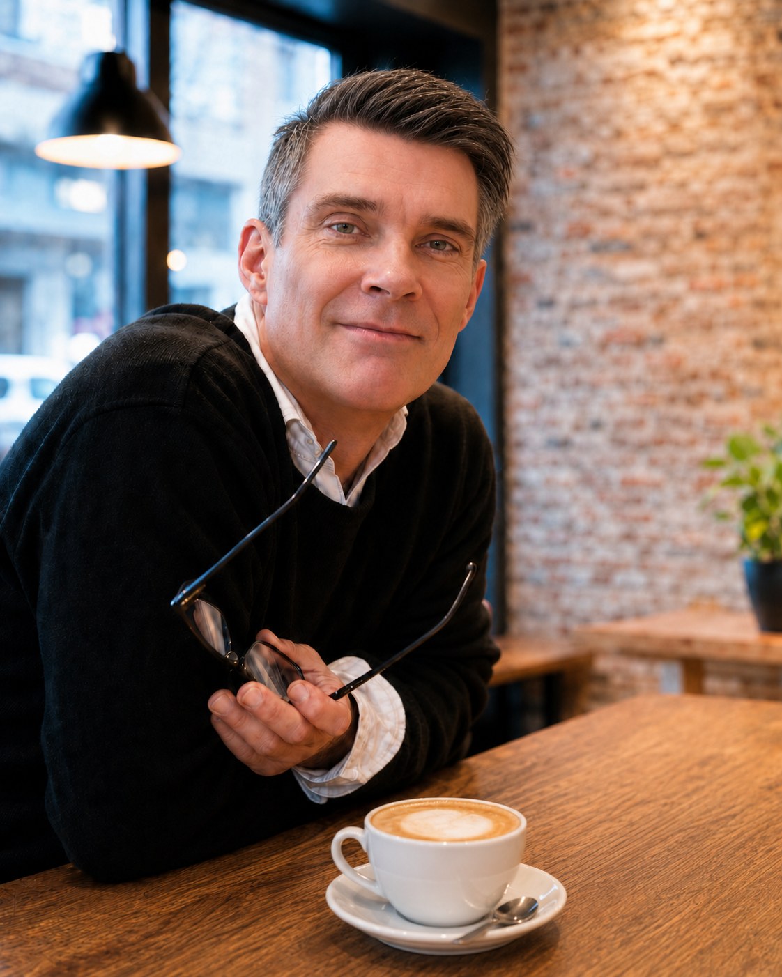 Daniel Kloske seated at a café table, holding his glasses with a cappuccino in front of him.